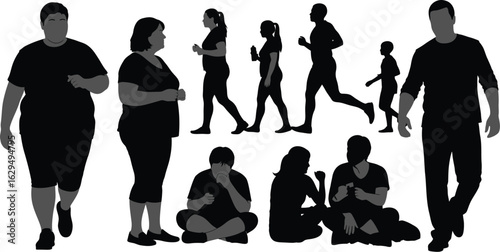 Diverse people silhouettes show fitness journey from obesity to health