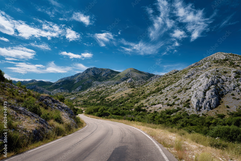 Fototapeta premium Winding mountain road invites adventure through lush hills and bright blue skies on a sunny day