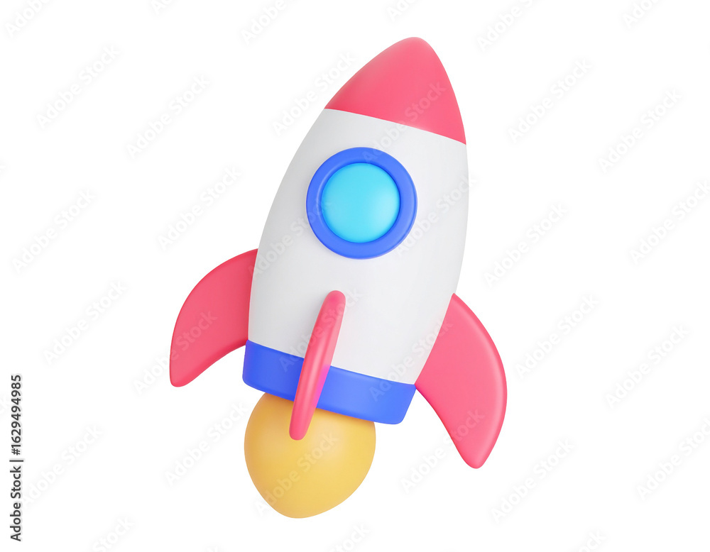 Fototapeta premium Colorful 3D cartoon rocket ship launching on transparent background
