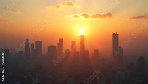 Sonnenuntergang   ber verschwommener Stadtansicht  