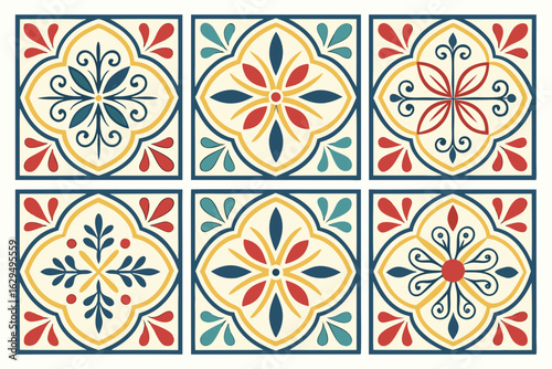 Vector art of collection of six colorful mediterranean style tile designs perfect for backgrounds and decorative elements