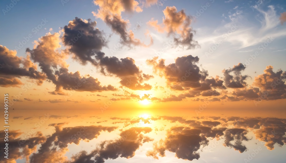 Fototapeta premium Golden hour reflection: A serene sunset reflected on a tranquil water surface