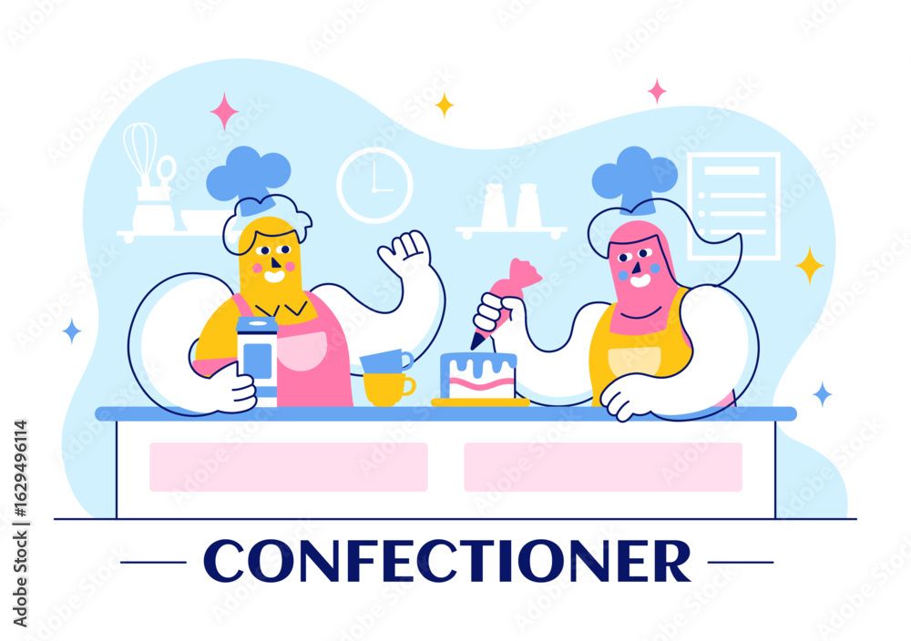 Fototapeta premium Vector Illustration of a Confectioner Chef Wearing an Apron While Preparing Delicious Desserts, Sweet Products, and Pastries in a Flat Background