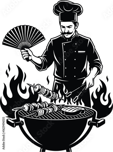 Skilled chef grilling delicious skewers and steak with flair