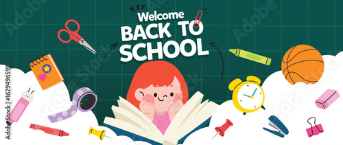 Hand drawn vector back to school background with cute girl, school supplies and welcome text on green chalkboard