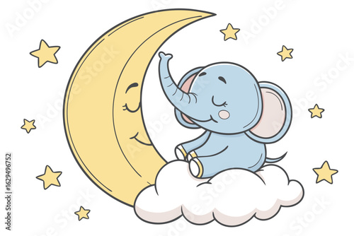 Vector art of a cute baby elephant sitting on a cloud next to a smiling moon surrounded by stars creating a peaceful and dreamy scene