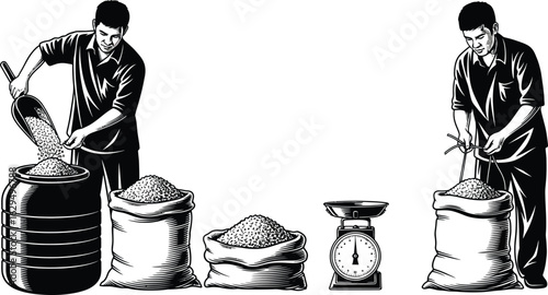 Man scoops grain into barrel, bags, scale weigh produce