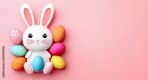 The image of the Easter Bunny surrounded by pastel eggs on a pink background is a classic Easter symbol