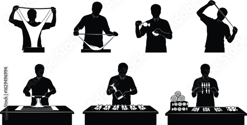 Confectionery process steps shown in silhouettes with candy