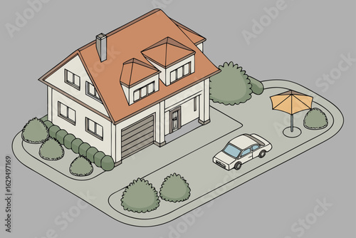Vector art of isometric illustration of a modern house with a car parked in the driveway and a garden with an umbrella