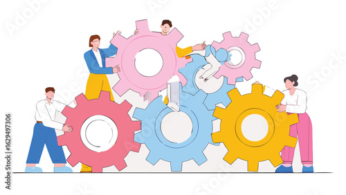 Teamwork illustration showing people collaborating to connect colorful gears together perfectly