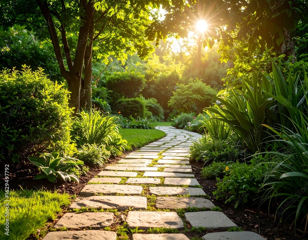 Obraz premium Sunlit garden path through lush greenery