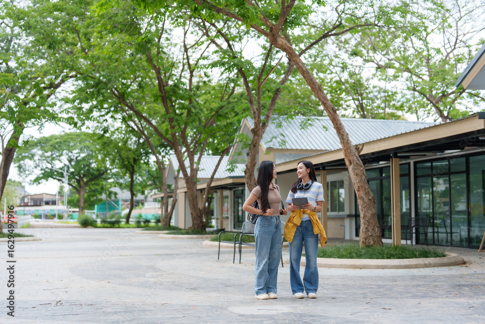 Fototapeta premium Two female students talking outdoors on university campus
