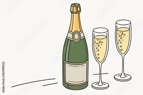 Illustration of a champagne bottle and two glasses filled with champagne perfect for celebrations and special occasions