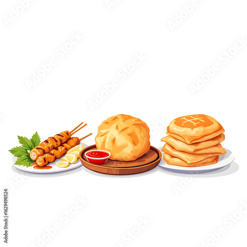 Savory street food spread featuring grilled skewers, steamed buns, and pancakes with dipping sauce.