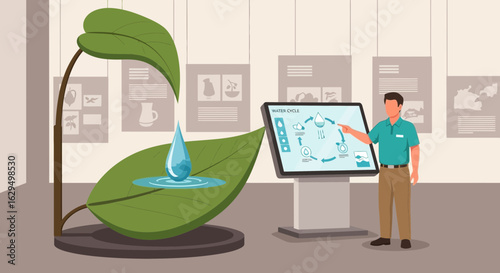 Interactive educational exhibit about the water cycle in a science museum educating public