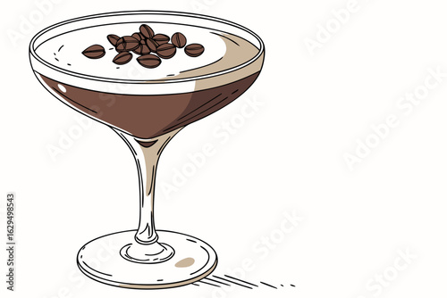 Illustration of a delicious espresso martini cocktail in a glass garnished with coffee beans perfect for menus and bar promotions vector art design graphic style beverage caffeine