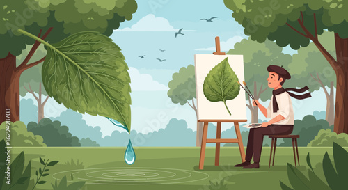 A cartoon illustrator portraying an artist painting a leaf in the nature art piece