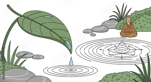 Zen Garden Serenity: Meditating Monk, Rippling Water, and Peaceful Harmony Depiction