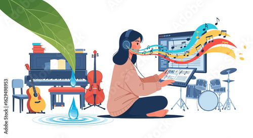 Woman creating nature inspired music with digital tools in a home studio environment
