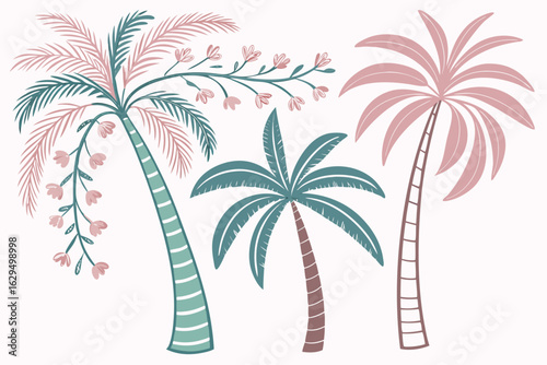 Vector art of three stylized palm trees in pastel colors create a summery tropical vibe perfect for vacation and travel themed designs