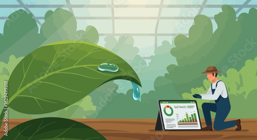 Modern Farming Practices: Farmer Analyzing Soil Health Data with Technology in Greenhouse
