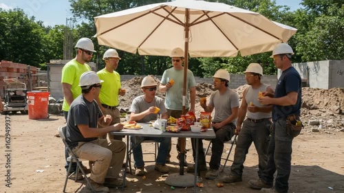 Construction Workers Enjoying Lunch Break Under Umbrella on Sunny Day