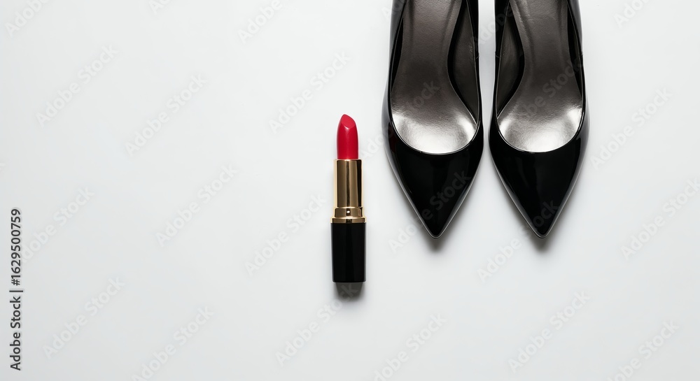 Obraz premium Lipstick next to heels on white surface with crisp studio light and symmetrical top-down editorial