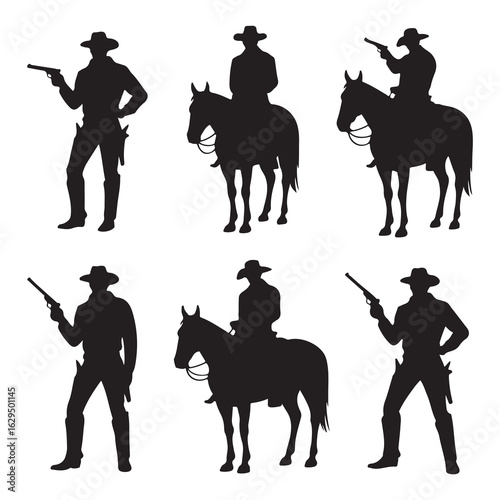 Silhouettes of Western Cowboys with Guns and Horses