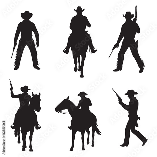 Cowboys and Horses Silhouettes in Wild West Action Poses