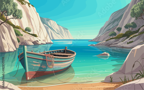 Peaceful Mediterranean cove with turquoise water, weathered fishing boat, white limestone cliffs, olive trees, and sunlit textures. Serene coastal landscape scene. Realistic vector illustration