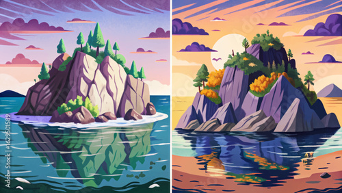 Isolated rock island in calm ocean water cartoon wallpaper