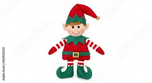 Niedlicher Weihnachtswichtel steht fr�hlich weisses Hintergrund weichem Stoff. AI Generated