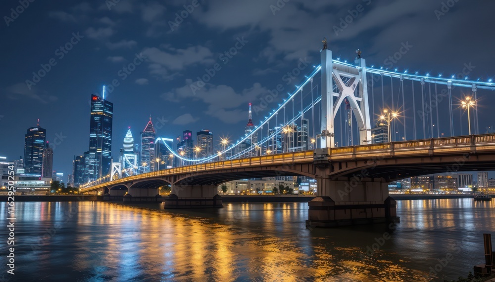 Fototapeta premium Night cityscape with illuminated bridge and river reflection