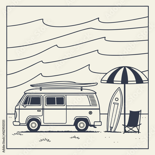 Illustration of a van with a surfboard on top parked on a beach with waves, umbrella, and beach chair nearby