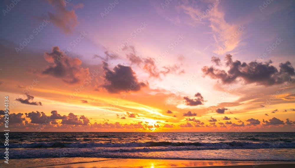 Fototapeta premium Golden Sunset over the Ocean Waves on a Tropical Beach