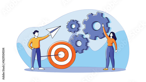 Illustration of a man with paper plane, a woman with gears, and a target with an arrow hitting it