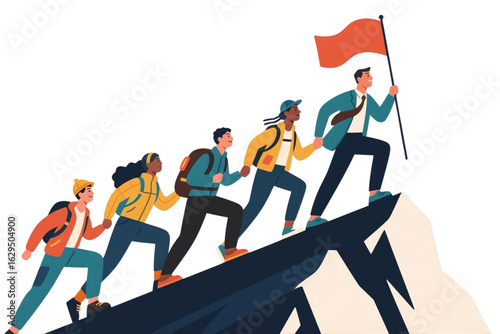 Business Leadership Concept. Vector illustration of a group of diverse people climbing up to the top of a mountain, following a leader with a flag in his hand. Isolated on background