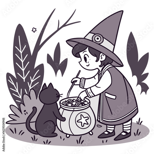A young witch stirring a cauldron with a black cat nearby in a whimsical halloween illustration style