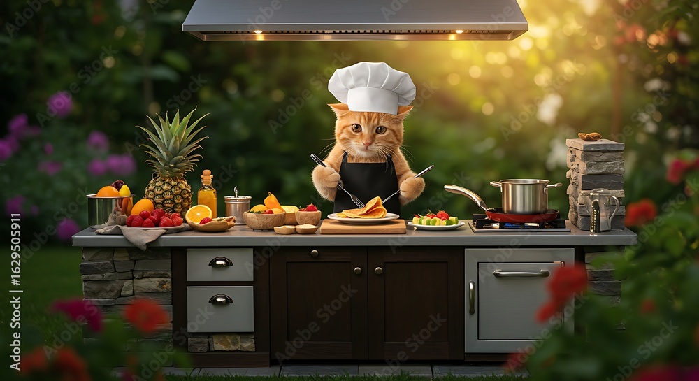 Cat Chef Cooking in a Fancy Outdoor Kitchen Cat Chef Cooking in a Fancy Outdoor Kitchen