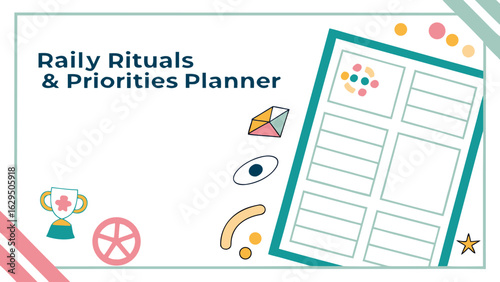 Illustration of a daily rituals and priorities planner with geometric shapes and a trophy icon design