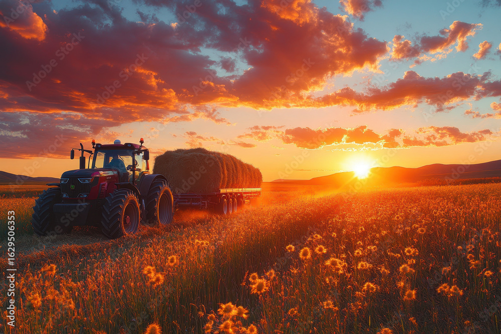 Fototapeta premium A tractor in a field with a sunset behind it.