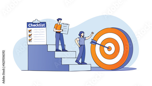 People climbing steps with checklist and arrow hitting bullseye target for business goals and success
