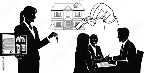 Real estate closing deal, happy clients sign contract, get house keys