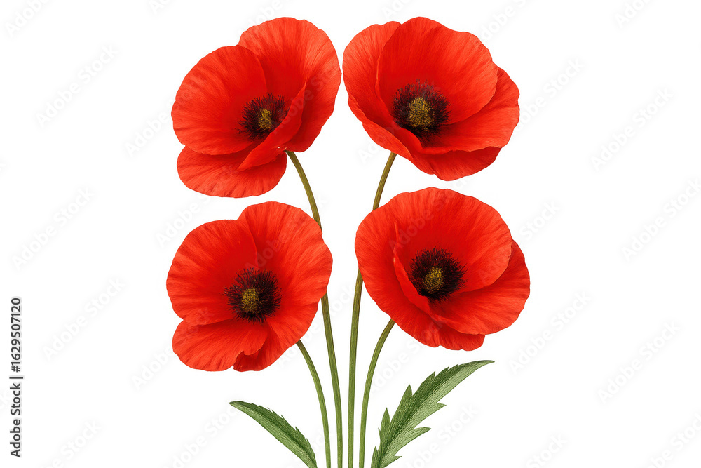 Obraz premium Red poppies flowering on verdant stems, delicate petals vibrant against transparent backdrop, capturing botanical beauty