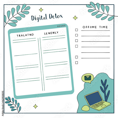 Digital detox planner with off time checklist, laptop, and decorative leaves in a square frame design