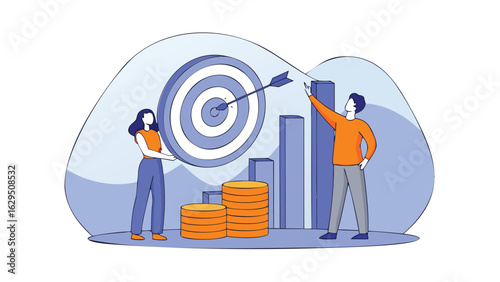 Teamwork achieving financial goals with target and arrow hitting bullseye and growth chart illustration
