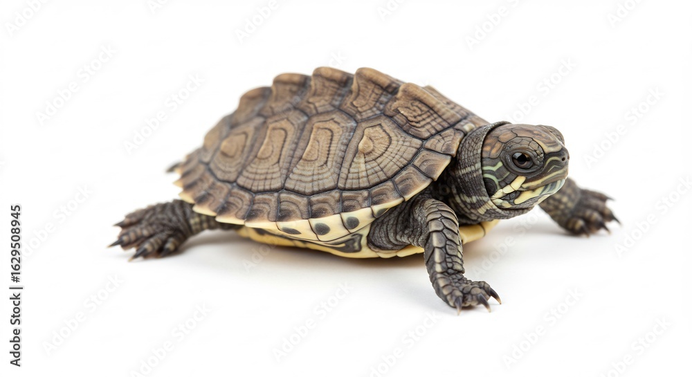 Obraz premium 小さな亀 白い背景 穏やかな光 ゆっくり歩く (Chiisana kame shiroi haikei odayakana hikari yukkuri aruku) Translation: Small turtle white background gentle light walking slowly. AI Generated