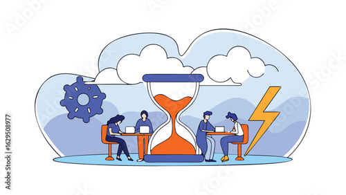 Illustration showing people working at desks with a large hourglass and a lightning bolt in the background