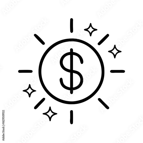  icon of shining dollar coin, symbol of wealth, income, success, savings, business and prosperity